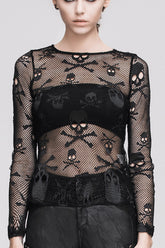 Chemise Punk Femme à Manches Longues Ouverte au Col Rond Élastique avec Motif Crâne Noir